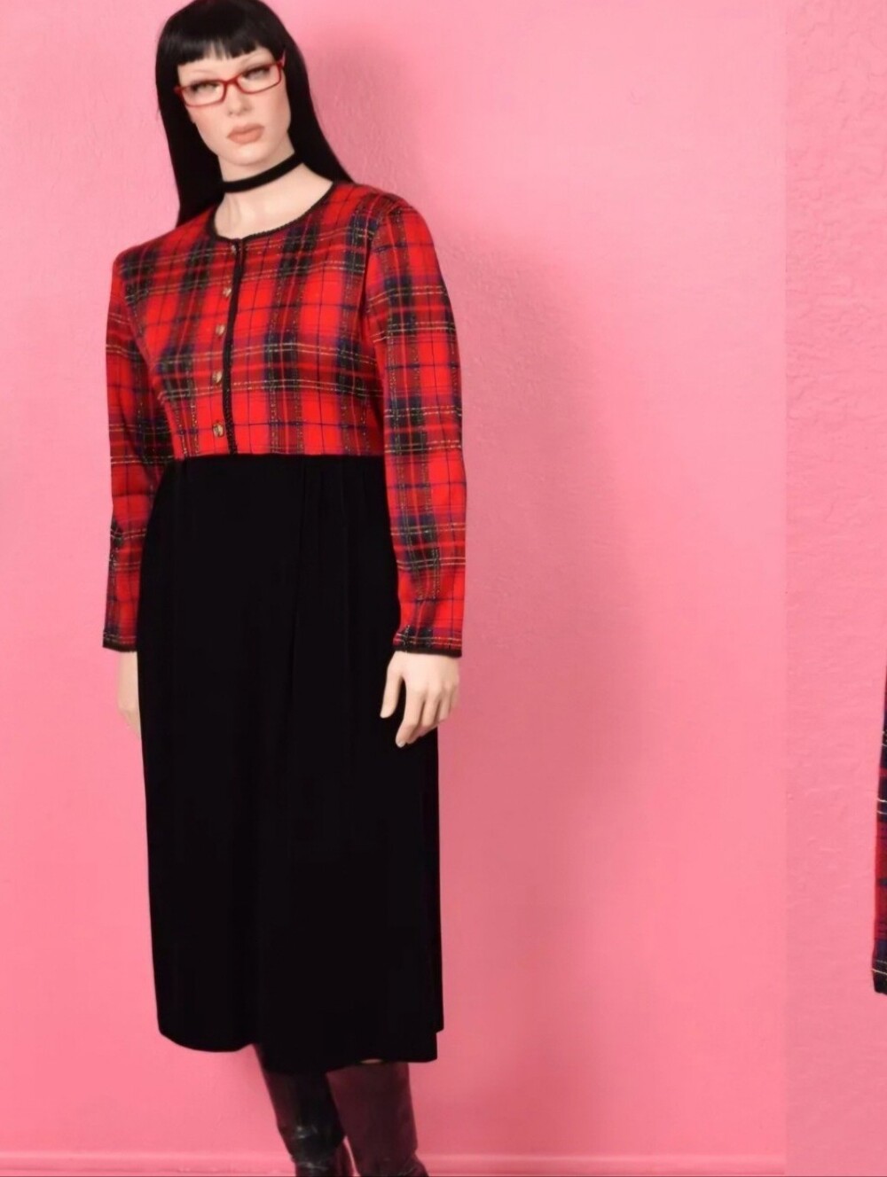 Charles Keath Vintage 1980s Plaid & Velvet Evening Dress,Size 16, Style#4910 NWT